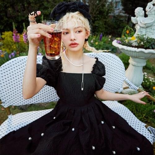 ELFSACK Solid Pure High Waist A Line Casual Vintage Dress Women,2021 Summer Chic Pearls Princess Sexy Ladies ,Milkmaid Dresses