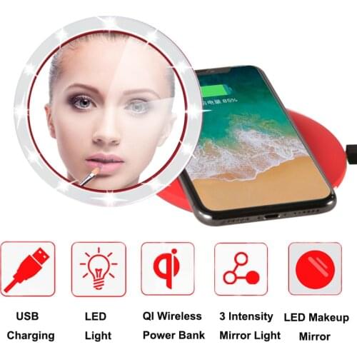 Portable LED Lighted Makeup Mirror USB Charging LED Compact Make up Mirror With 3 Intensity Mirror Light Wireless Power Bank