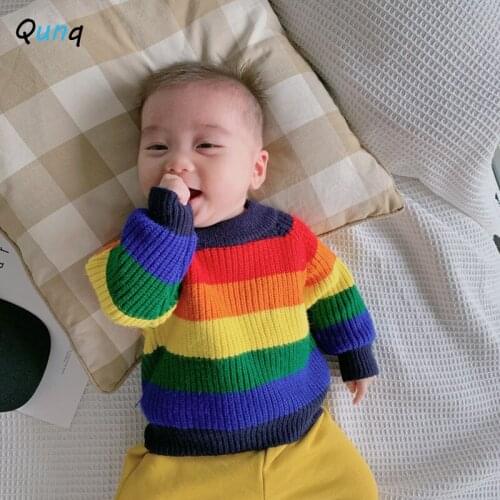 Qunq Rainbow Striped Toddler Children Sweater 2021 New Spring Fall Knitted Girls Pullovers Shirt O-neck Casual Boys Tops Clothes
