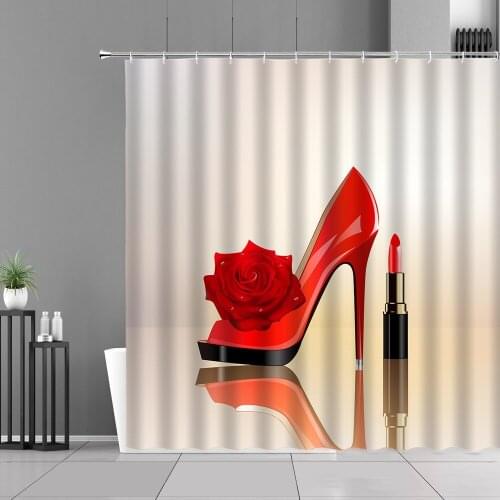 Sexy Red High Heels Lipstick Rose Flower Pattern Shower Curtain Girl Gift Home Bedroom Bathroom Curtains Bathtub Decor Screen
