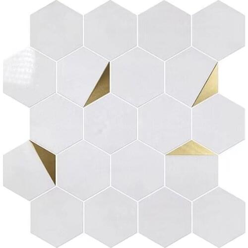 Hexagonal gold metail tile mix white stone mosaic kitchen mosaic tile for home decoration