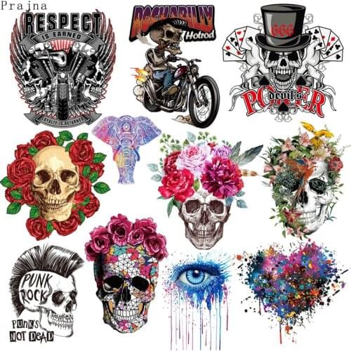 Motorcycle Biker Heat Thermal Transfer For Clothes Skull Iron-on Transfers For Clothing Stickers Punk Colorful Iron On Patches