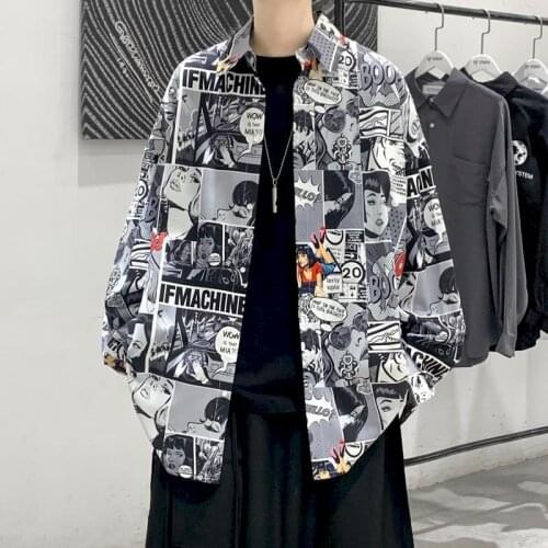 Streetwear Jacket Men Clothing Long Sleeve Shirts Anime Punk Clothes Autumn Korean Top Loose Shirt Hong Kong Style Casual Retro