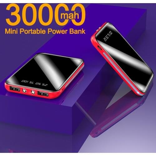 30000mAh Mini Portable Power Bank Mirror Digital Display with Dual USB Outdoor Travel External Battery for Xiaomi Iphone Samsung