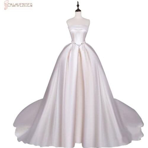 High Quality Satin Simple Wedding Dresses Ball Gown with Bows robe de mariee with Court Train Wedding Gowns Bride Dress