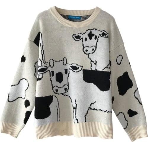 XUANHAO Vintage Casual Lazy Cow Sweater Female Korean Harajuku Sweaters Japanese Kawaii Cute Ulzzang Jumpers Drop Ship