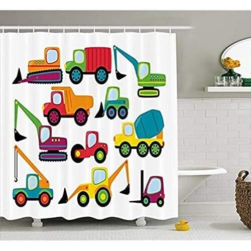 Shower Curtain Cute Style Vehicles And Heavy Equipment Forklift Excavator Mixer Fabric Bath Curtain 180x180cm