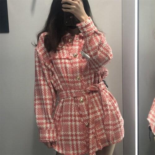 Women 2021 Fashion With Belt Frayed Trim Tweed Jacket Coat Vintage Long Sleeve Pockets Female Outerwear Chic Tops