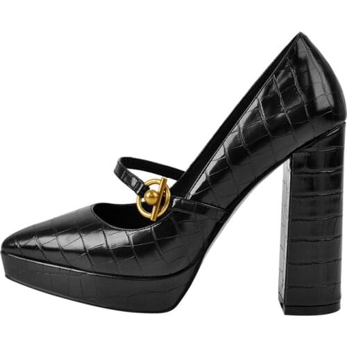 Onlymaker Spring Auntumn Womens Chunky High Heel Pointed Toe Low Platform Stone Texture Slip On Pumps Golden Button Decoration