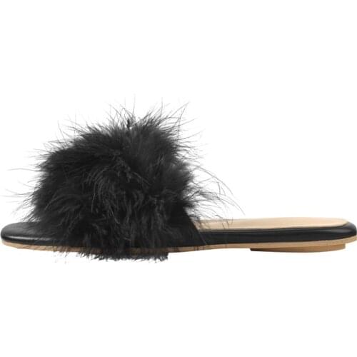 Onlymaker Spring Autumn Summer Flats Flip-On Women Shoes Open Square Toe Black Feather 2021 Fashion Comfortable Big Size US5-15