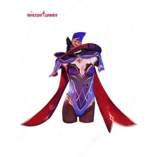 Womens Purple and Black Leotard Bodysuit Separate Cloak Sleeves Cosplay Costume Full Set with Witch Hat and Leg Rings