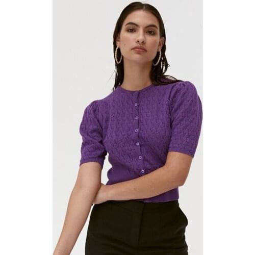 Woman Hollow Out Half Sleeve Button Thin Cardigan Cropped Sweater