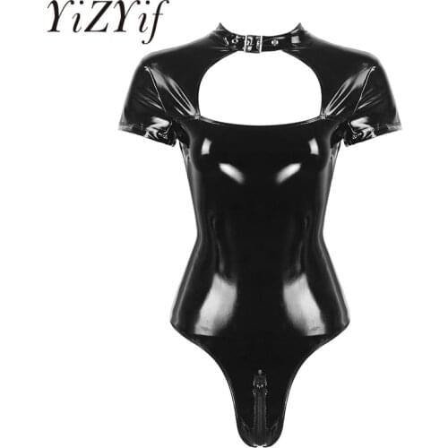 Womens Wet Look Patent Leather Sexy Lingerie Adjustable Collar Neck Short Sleeves Double-ended Zipper Leotard Bodysuit Nightwear