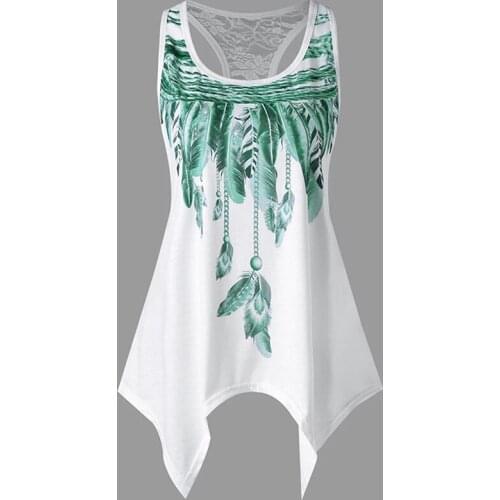 Women Sleeveless Feather Printed Vest Tank Top Summer O-Neck Asymmetrical Tops Tee Shirt New Women Clothing T-shirt