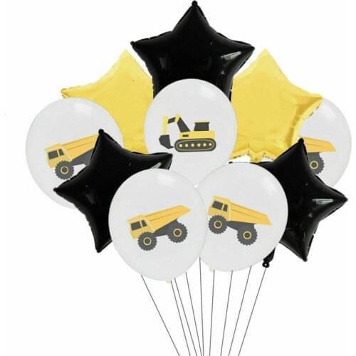 10PCS Construction vehicle Excavator Theme Black White Yellow Latex Balloon Confetti Aluminum Film Balloons Birthday Party Decor