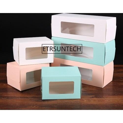 100pcs/lot White/Blue/Pink Macaroon packing box Transparent window Muffin Cake Box heart baking box