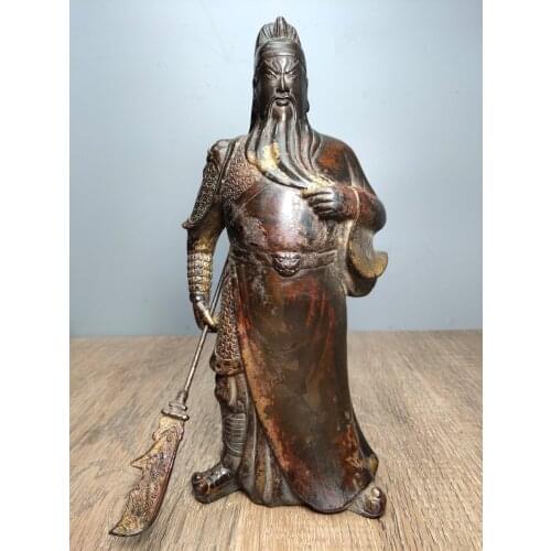 11"Tibet Buddhism Old Bronze Lacquer Cinnabar Guan Erye Wu Cai Shen Guan Gong Statue Take Qinglong Yanyue Sword statue