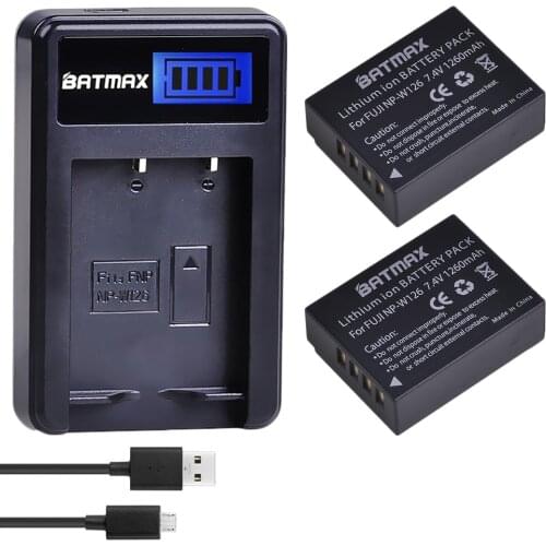 2Pcs 7.4V 1260mAh Li-ion NP-W126 NP W126 Battery + LCD Dual Charger for Fujifilm Fuji NP-W126 NPW126 BC-W126 BCW126 X-T10 XT10