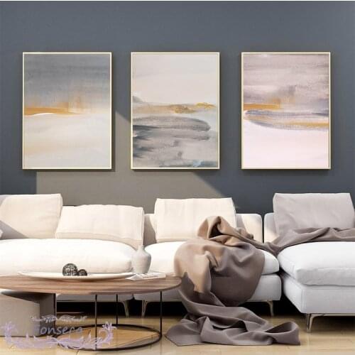 Abstract Minimalist Grey Yellow Beige Ink Painted Canvas Poster Modern Wall Art Pictures for Living Room Decorative Painting