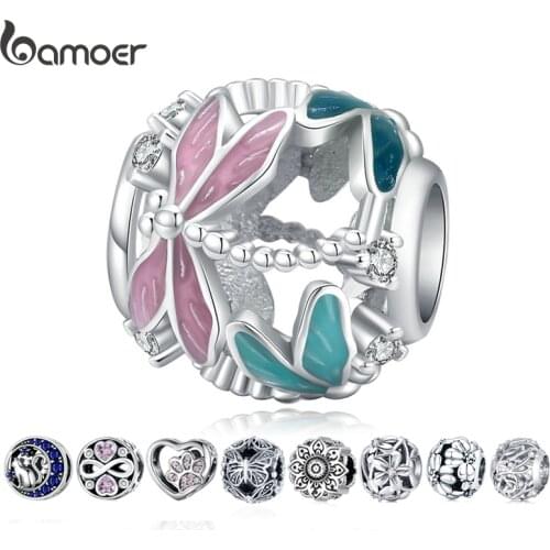 Bamoer 925 Sterling Silver Dragonfly Openwork Round Beads for Jewelry Making Charmf for Original Bracelet Bijoux BSC198
