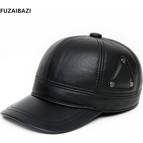 FUZAIBAZI Fashion Trend Mens Autumn Winter Keep Warm Ear Protection Cowhide Baseball Cap New Snapback Genuine Leather Hat