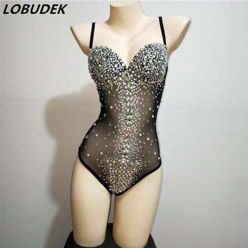 Sparkly Rhinestones Bodysuit Nightclub Female Costume Black See-through Sexy Jumpsuit Bar DJ Singer Teams Jazz Dance Stage Wear