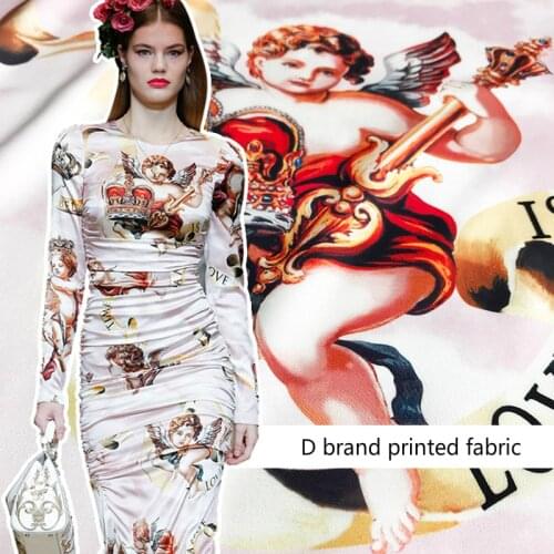 Little angel printed polyester stretch satin fabric cloth 145 cm width fashion womens shirt dress childrens chiffon fabric