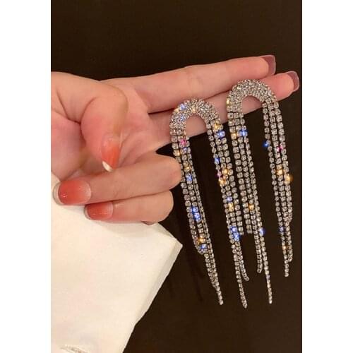 Exknl Fashion Long Tassel Crystal Drop Earrings for Women Geometric Big Full Rhinestone Earrings Statement Jewelry Gifts 2021