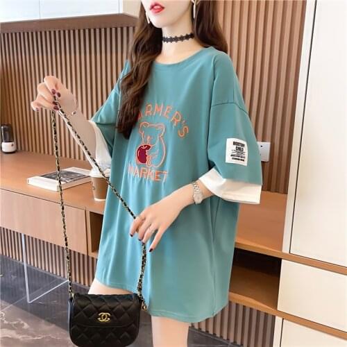 Womens Oversize T-shirt Fake Two Pieces Tshirts Summer Short Sleeve Tees Harajuku Girls Cute Cartoon Embroidered Loose Tops