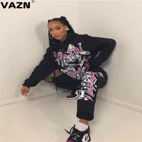 VAZN 2020 Graffiti Pattern Harajuku Loose Baggy Full Sleeve Print Women Casual High Street Set Holiday Women Young Energetic Set