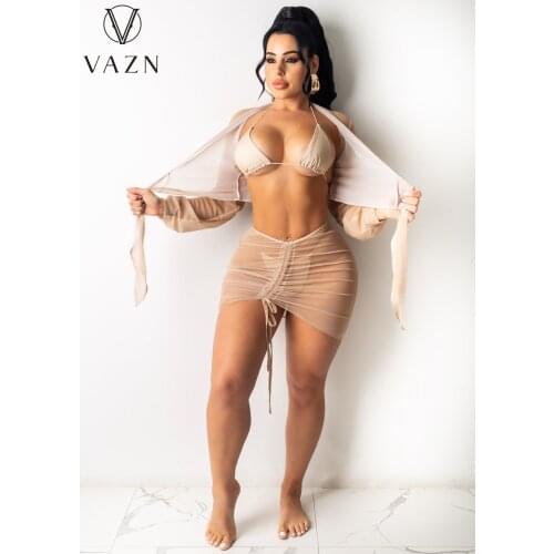 VAZN 2021 Summer European and American Womens Fashion Sexy Pure Color Mesh Sunscreen Suit Swimsuit 4 Pieces