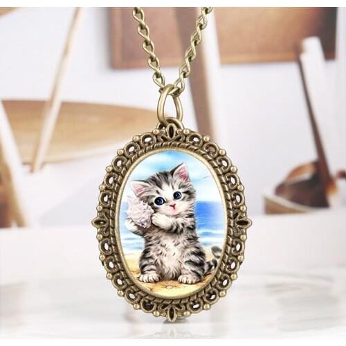 Little Cute Kitty Pendant Quartz Pocket Watch Pet Cat Necklace Jewelry Pendants Choker Chain Collar Gifts for Kid Girls Children