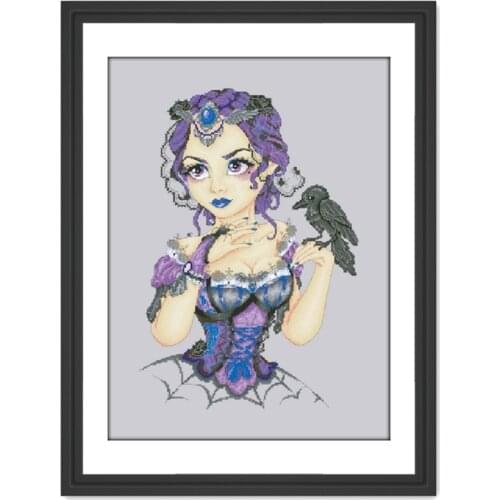 Witch and crow cross stitch kits aida fabric 14ct counted gray cloth cotton thread hand embroidery handmade Folk Crafts