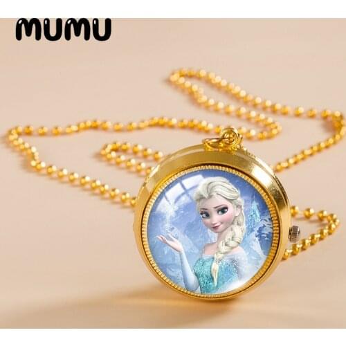 2021 New Queen Elsa Anna Pocket Watch Necklace Olaf Gold Color Vintage Watch Glass Dome Pendant Jewelry Gifts