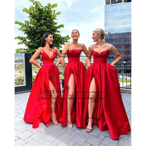 New 2021 Red Satin Long Bridesmaid Dresses Simple Wedding Party Gowns With Pockets Slit Mixed Style Maid Of Honor Dress