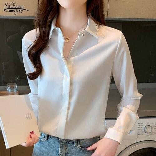 2021 Autumn New Long-Sleeve Silk Womens Shirt Office Lady Turn Down Collar Solid Blouse Women Elegant Ladies Tops Blusas 10618