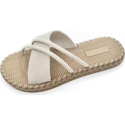 New Women Breathable Flax Indoor Slippers Embroider Floral Linen Home Flat Shoes Ladies Summer Non-slip Beach Slippers