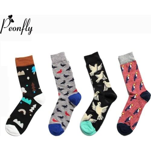 Peonfly Cute Fashion Animals Cartoon Peace White Dove Parrot Stripes Men Cotton Novelty Printing Birds Pattern Funny Socks