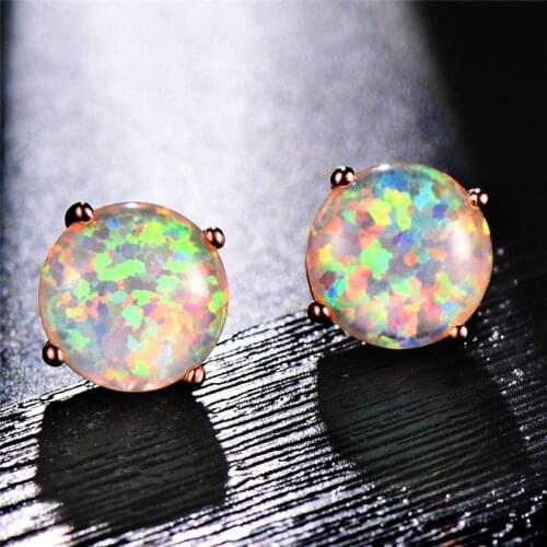 Simple Female Small Round Stud Earrings 925 Sterling Silver Rose Gold Earrings For Women Cute White Fire Opal Wedding Earrings