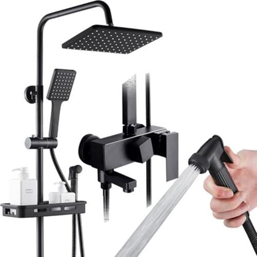 Senlesen Bathroom Shower Faucet 8 inch Black Brass Wall Mounted W/ Hand Shower Set Cold and Hot Water Mixer Tap