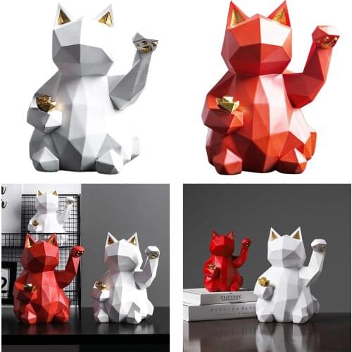 Lucky Cat Resin Figurine Lifelike Animal Sculpture Statue Home Decor Red
