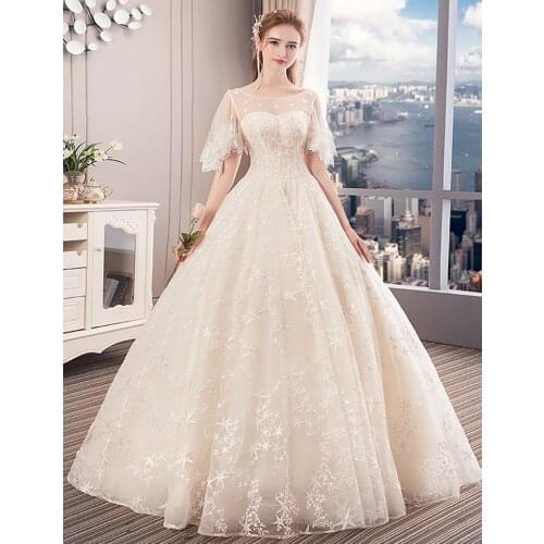 Vestido de Noiva Ball Gown Wedding Dress Princess Applique embroidery Lace Short Sleeve champagne Bride Gown Robe De Mariee