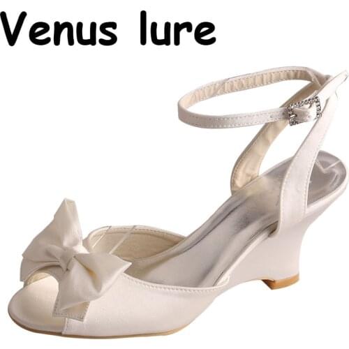 Venus lure Ankle Strap Wedding Shoes Peep Toe Wedge Ivory Bow Sandals