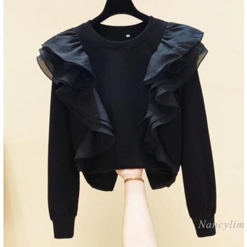 Hoodie Woman Mesh Stitching Ruffles Round Neck Pullover Hoody Womens 2020 Autumn Winter New Loose Vintage Pullover Sweatshirt