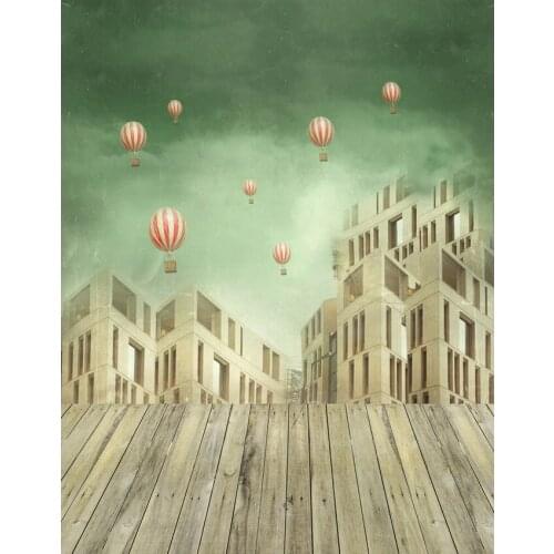 TR Light Green Sky Vinyl Backdrops for Photography Great Building Wood Floor with Red Hotair Balloons Cartoon Background Kids