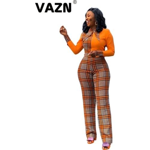 VAZN 2020 Spring High-end Plus Size Vintage Palid Patchwork Young Office Regualr Full Sleeve High Waist Women Wide Leg Jumpsuits