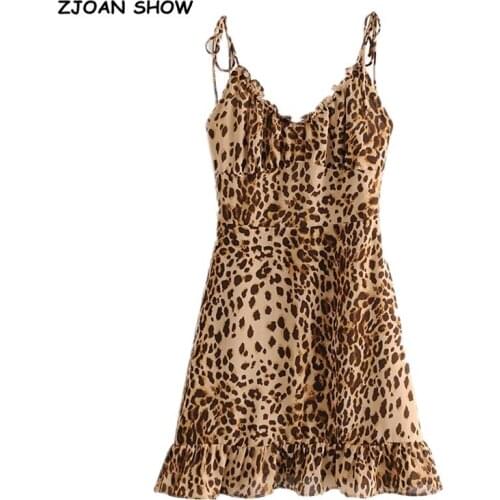 Vintage France Summer Wood ears V neck Leopard Print Bandage Spaghetti Strap Short Dress Sexy Women Lacing Up Sling Party Dress