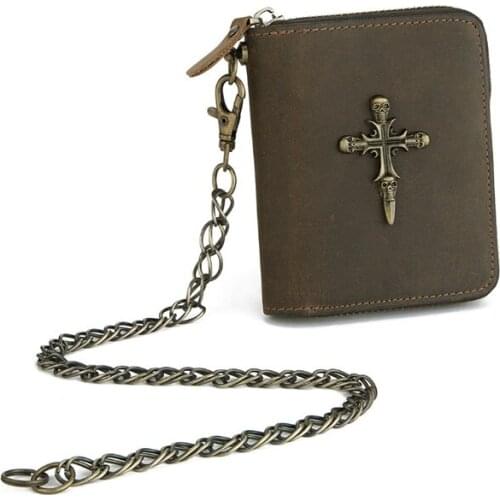Vintage Crazy Horse Cow leather Men Chain Wallet Cross Skull Head Genuine Leather Punk Zipper Male Short Purse with Coin Pouch