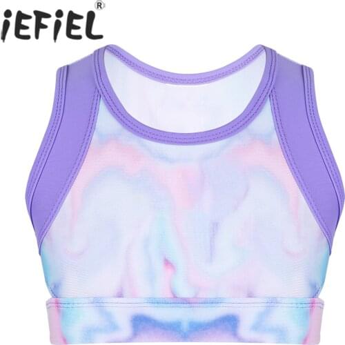 Kids Girls Colorful Professional Ballet Tutu Dancewear Stretchy Sleeveless Lyrical Exercise Tie-Dye Tanks Crop Top Ballet Dancer