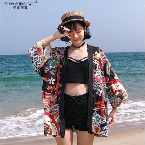 Yukata Women Kimono Cardigan Japan Kimonos Asia Clothes Summer Fish Print Shirt Top Casual Kimonos Kawaii Kimono Cosplay Costume